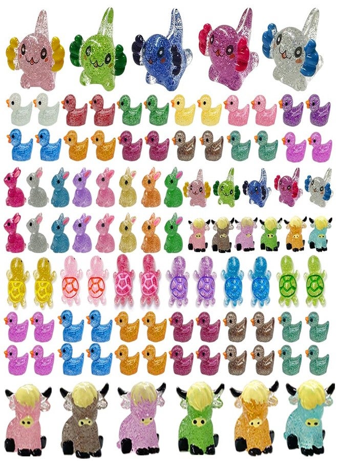 AWEELON 86pcs Mini Resin Animal Figurines,Including Glitter Glowing Duck Bunny Turtle Highland Cow, Glitter Axolotl, Aquarium Dollhouse Decor - Image 1
